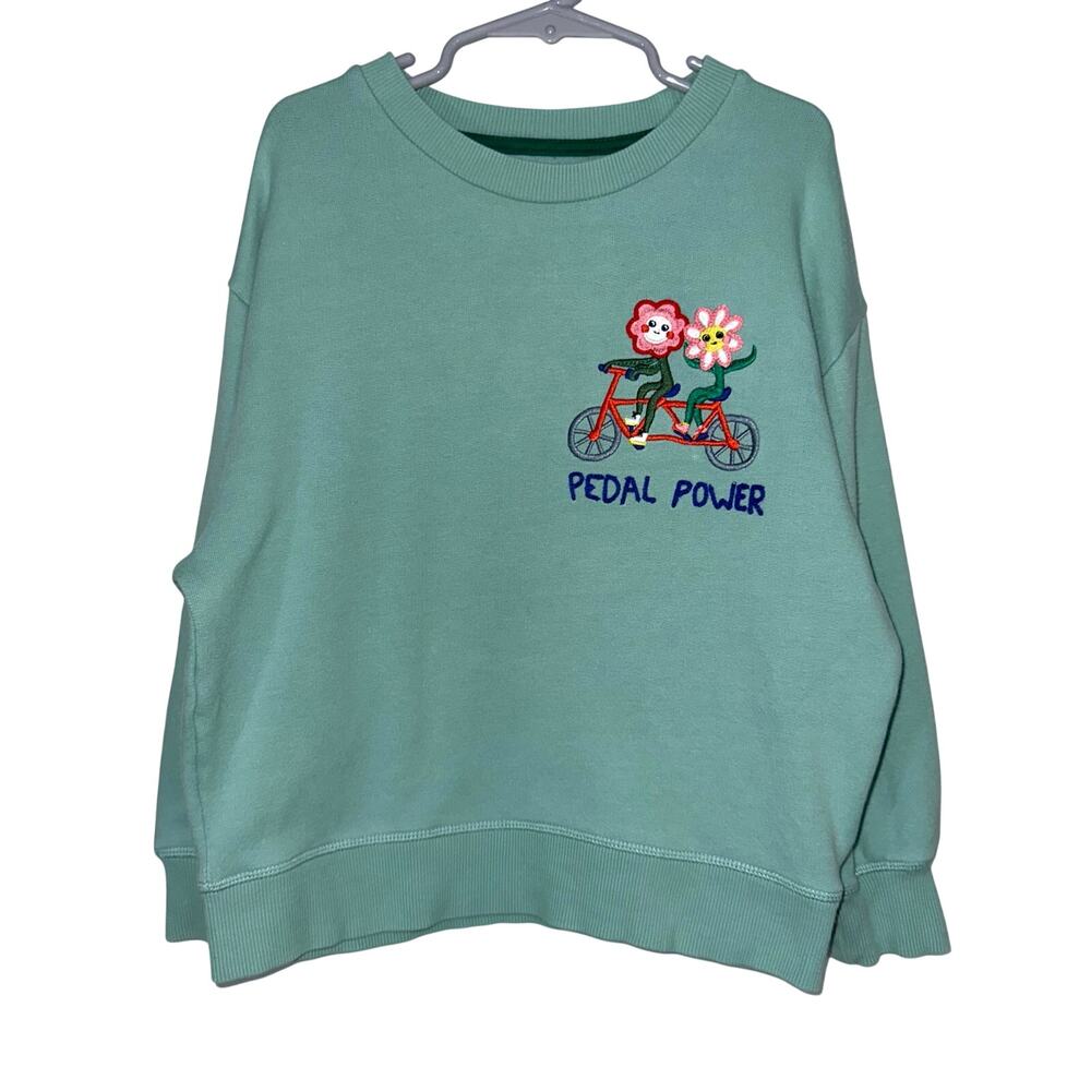 Mini Boden 'Pedal Power' Mint Green Embroidered Floral Sweatshirt Size 6-7Y